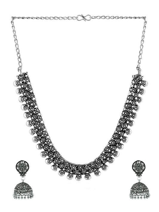 Yellow Chimes German Silver Oxidized Necklace Set Kohlapuri Choker with Jhumka Earrings Jewellery Set for Women (Oxidised Silver) (YCTJNS-16OXDTHR-SL)