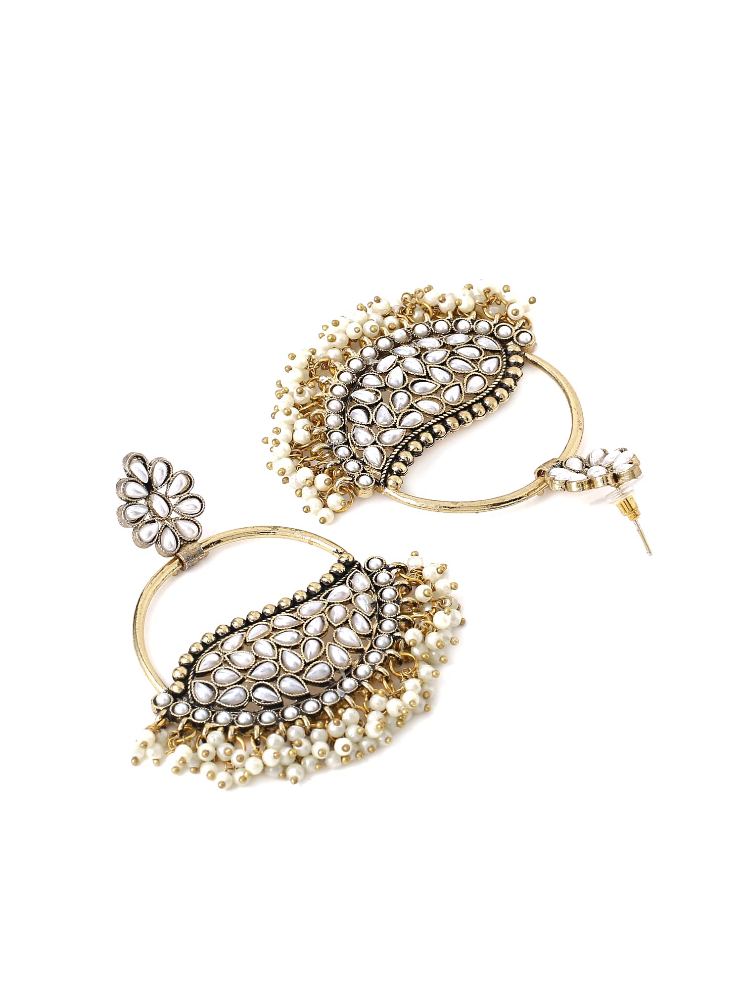 Yellow Chimes Earrings For Women Silver Toned Floral Shaped White Stone and Pearl Studded Chandbali Earrings For Women and Girls