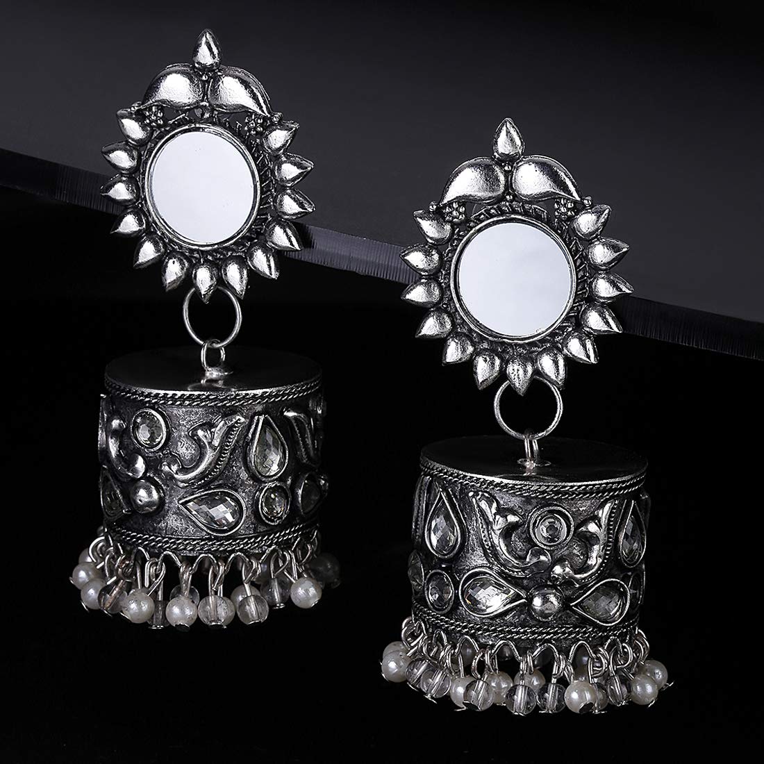 Kairangi Earrings for Women and Girls | Silver Oxidised Jhumka Earring with Pearls | German Silver Jhumki | Floral Big Jhumka | Birthday Gift for Girls and Women Anniversary Gift for Wife