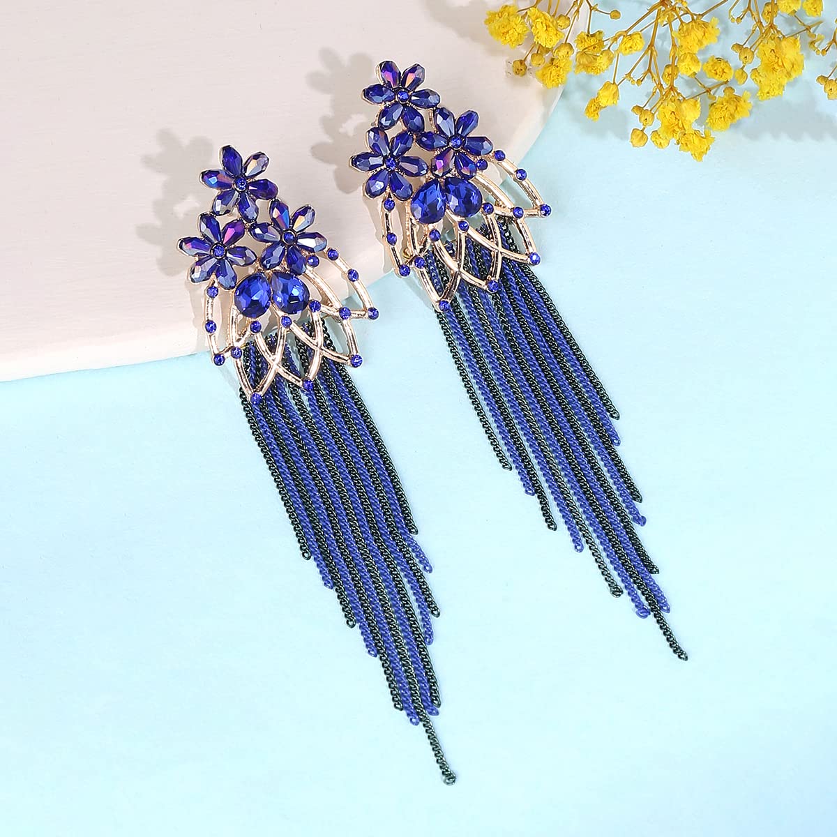 Yellow Chimes Crystal Danglers Earrings for Women Floral Shaped Crystal Blue Long Chain Dangler Earrings for Women and Girls