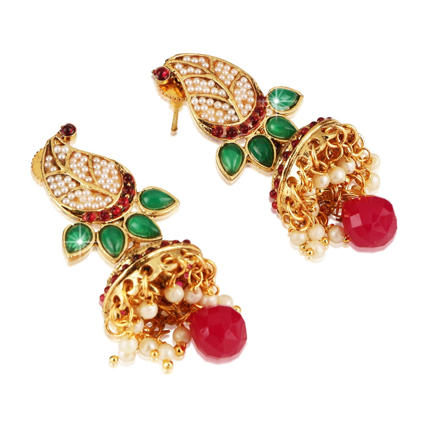 Yellow Chimes Stylish Moti Leaf Red Stone Traditional Pearl Earrings for Women and Girls