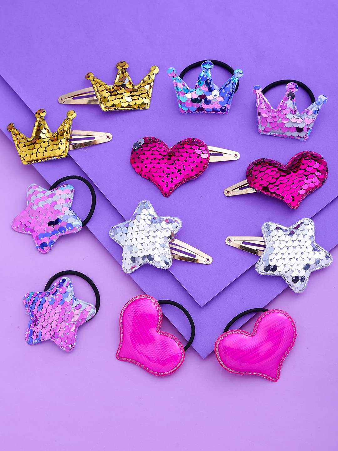Melbees by Yellow Chimes Combo of Sequins Studded 6 PCS Ponytail Holders Rubber Bands and 3 Pairs Hair Clips Hair Accessories for Kids Girls (Pack of 12), Multi-Color, Medium