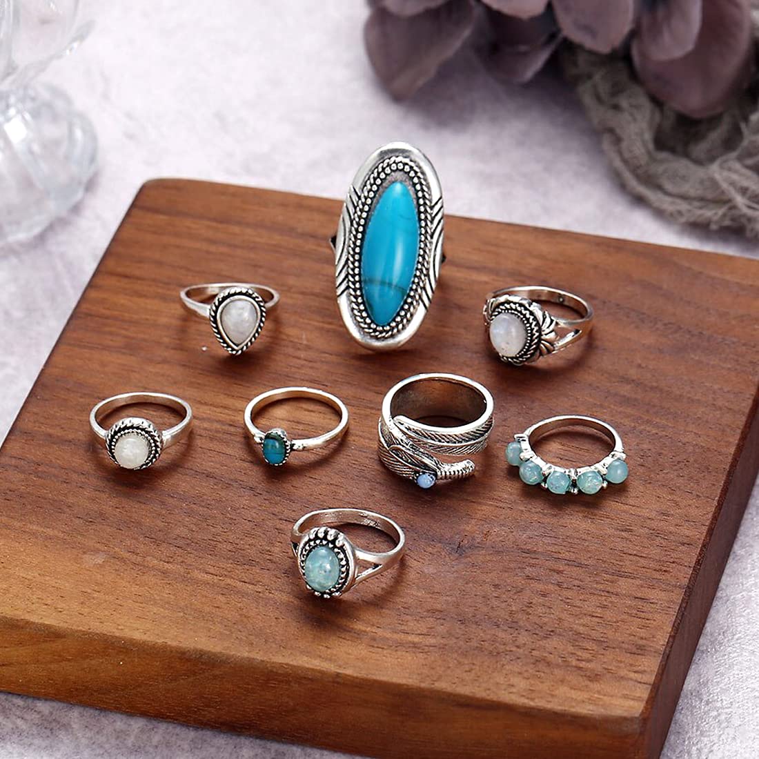 Yellow Chimes Rings for Women 8 Pcs Rings Set Turquoise Stone Vintage Style Midi Finger Silver Oxidised Knuckle Rings Set for Women and Girls.