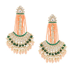 Yellow Chimes Earrings for Women Gold Toned Kundan Studded Green and Pink Beads Drop Chandbali Earrings for Women and Girls