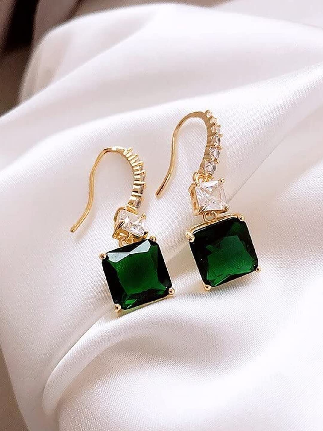 Kairangi Earrings For Women Green Color Crystal Studded Huggie Hoop With Rectangular Drop Earrings For Women and Girls