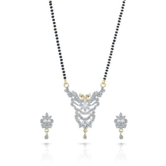 Yellow Chimes Sparkling AD/American Diamond Studded Ethnic Traditional Black Beads Designer Mangalsutra Pendant Set with Earrings for Women