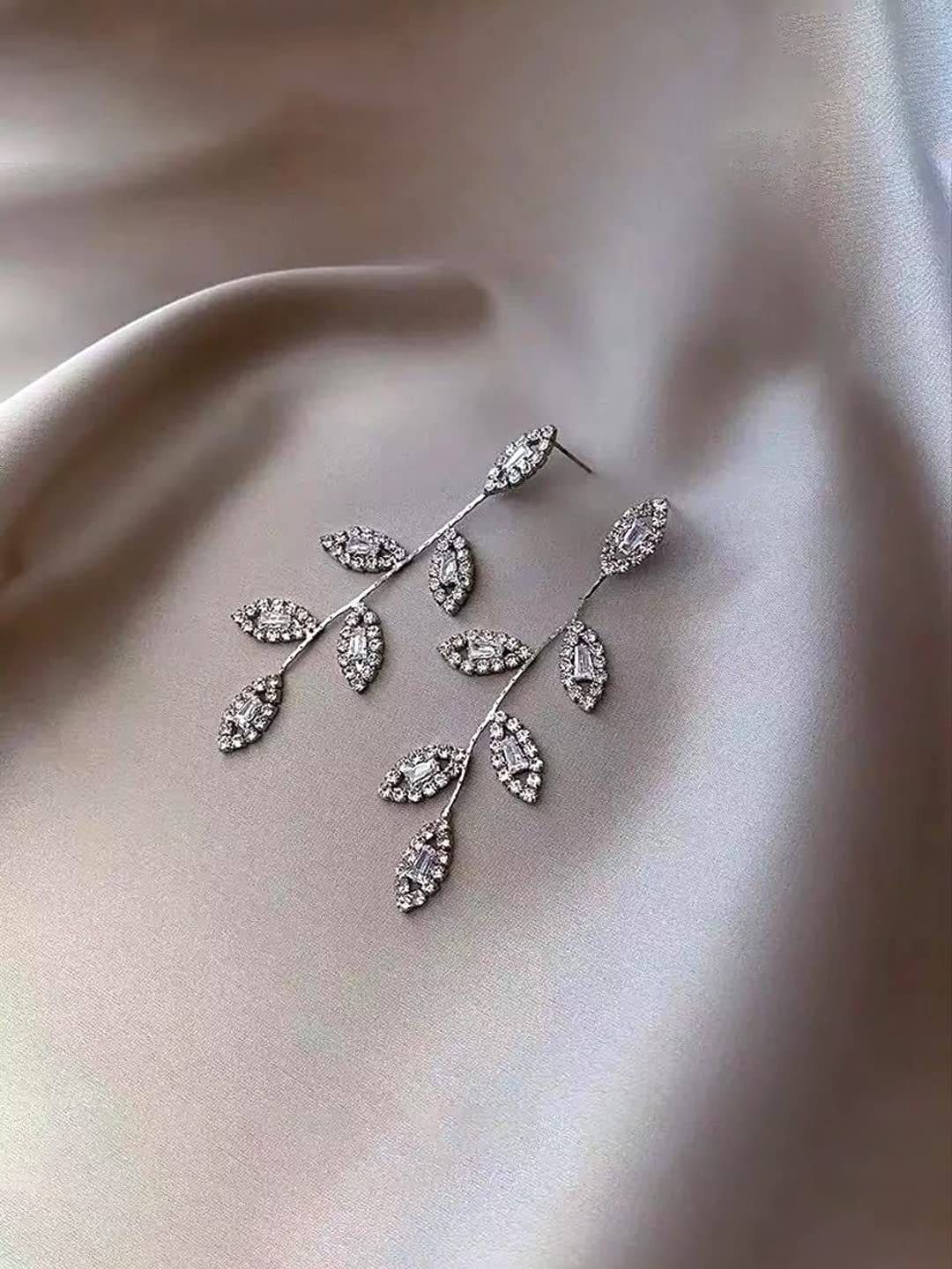 Yellow Chimes Earrings For Women Silver Tone Elegant Leaf Designed Crystal Studded Linear Drop Dangler Earrings For Women and Girls