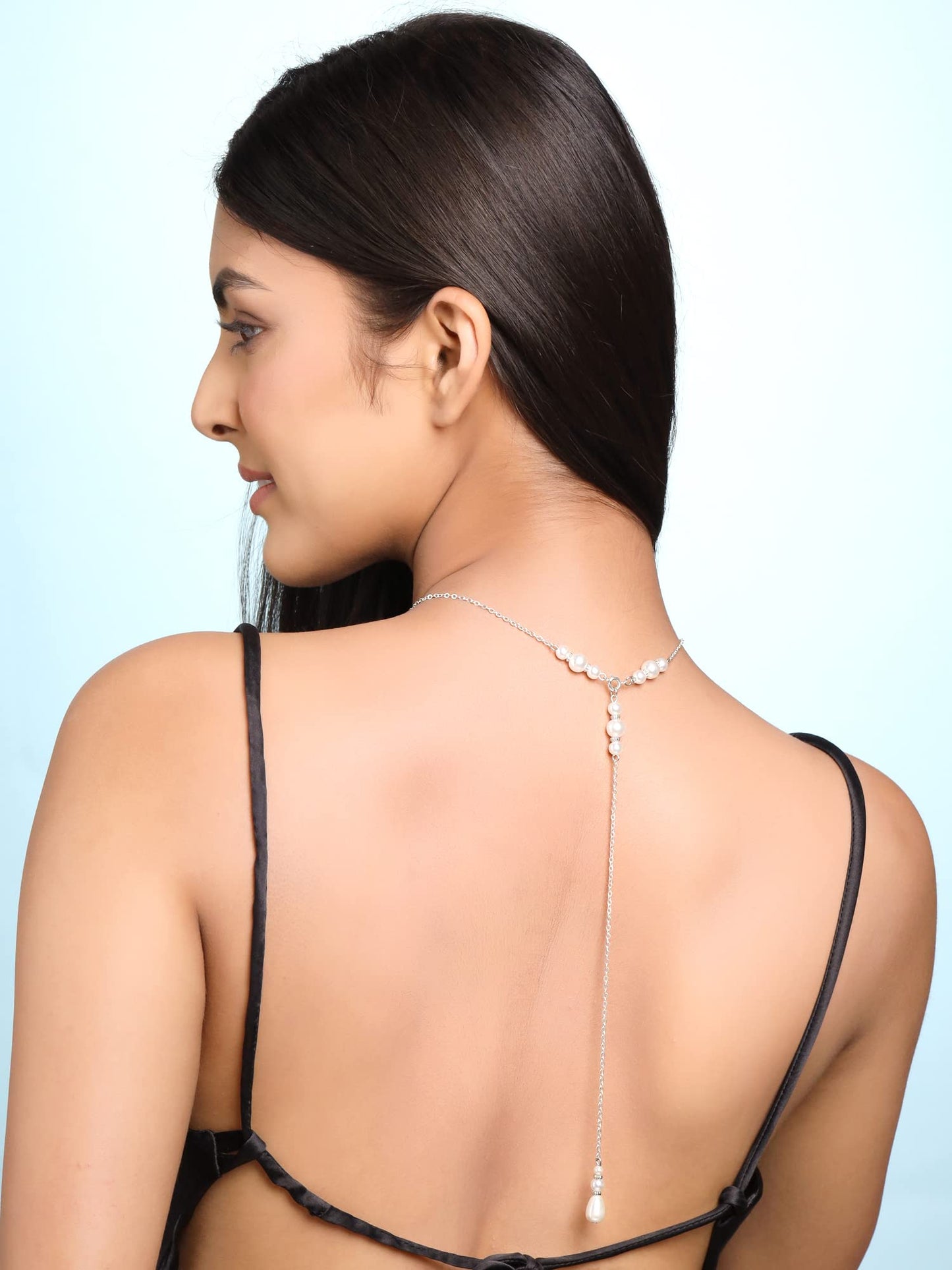 Yellow Chimes Back Necklace For Women Silver Tone Pearl Embellished Back Chain For Women and Girls