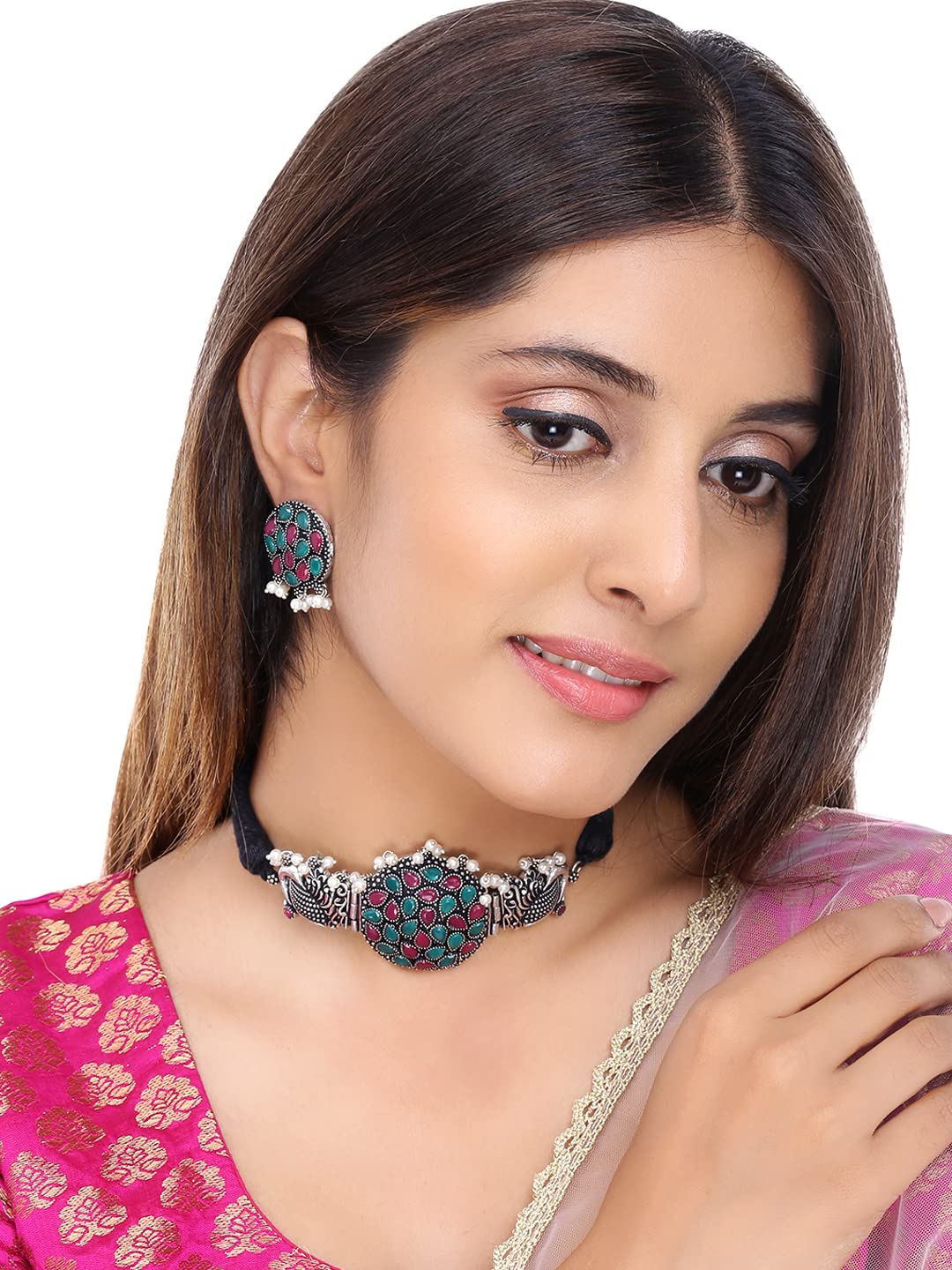 Yellow Chimes Ethnic German Silver Oxidised Studded Stone Peacock Design Threaded Choker Necklace Set Traditional Jewellery Set for Women and Girls, silver, multicolor, medium (YCTJNS-PECKSTON-MC)