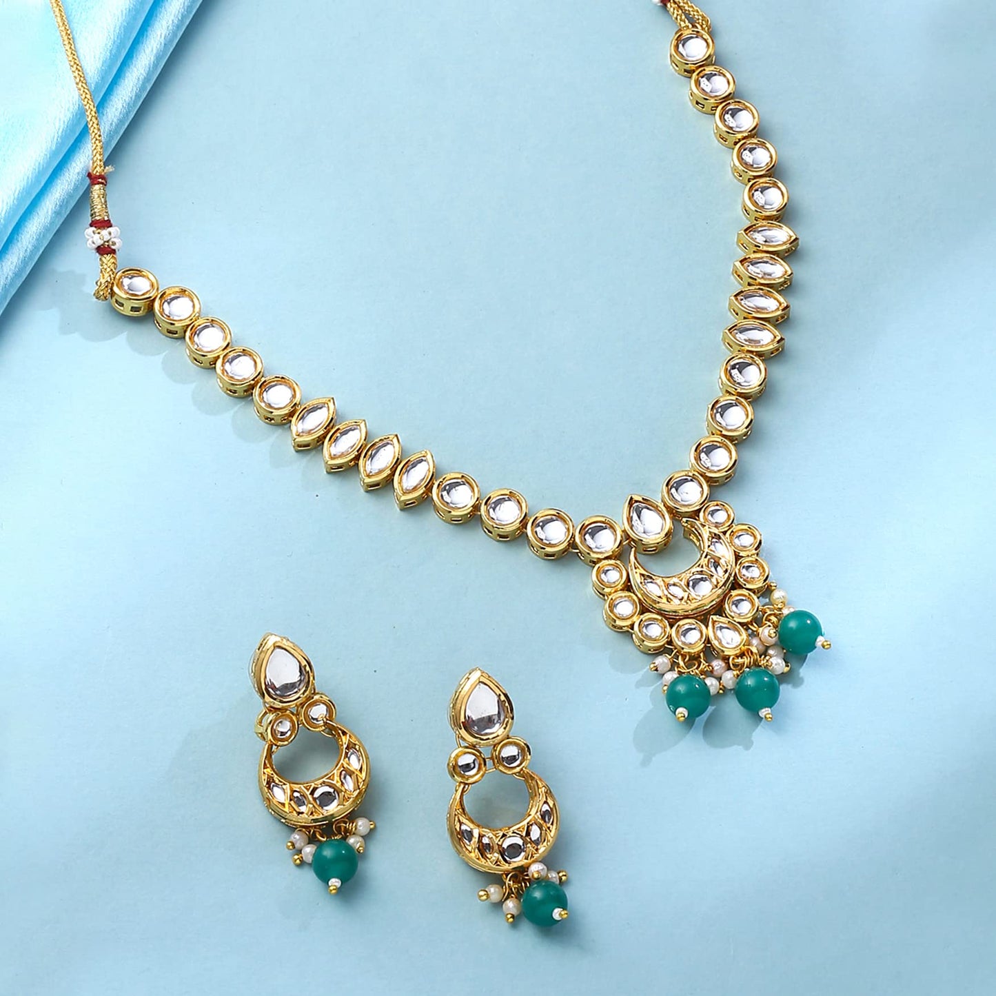 Yellow Chimes Jewellery Set for Women and Girls Kundan Necklace Set Gold Plated Kundan Studded Green Beads Drop Choker Necklace Set | Birthday Gift for girls and women Anniversary Gift for Wife