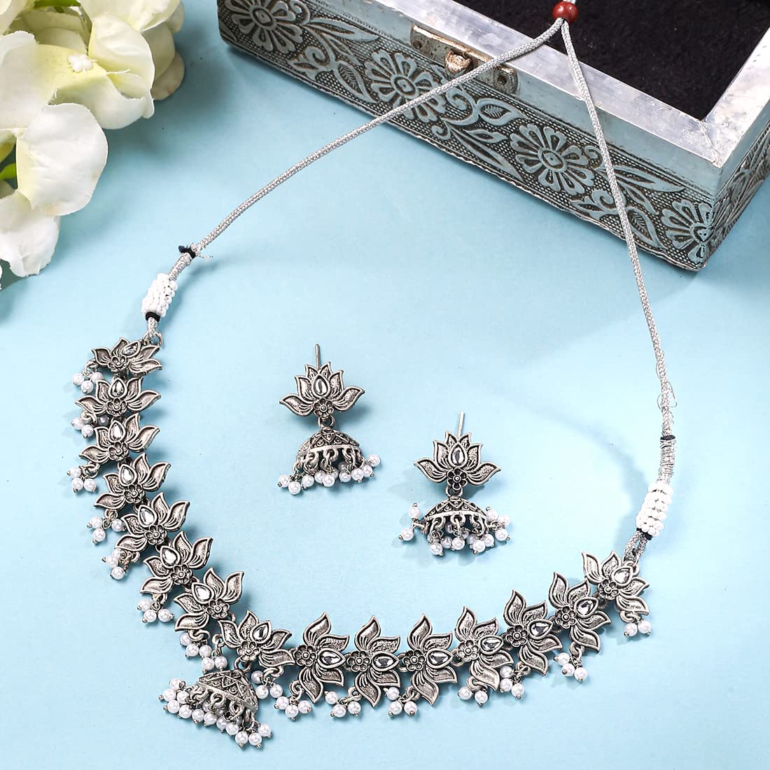 Yellow Chimes Jewellery Set for Women and Girls Traditional Silver Oxidised Jewellery Set | Lotus Designed Oxidized Necklace Set | Birthday Gift For Girls and Women Anniversary Gift for Wife