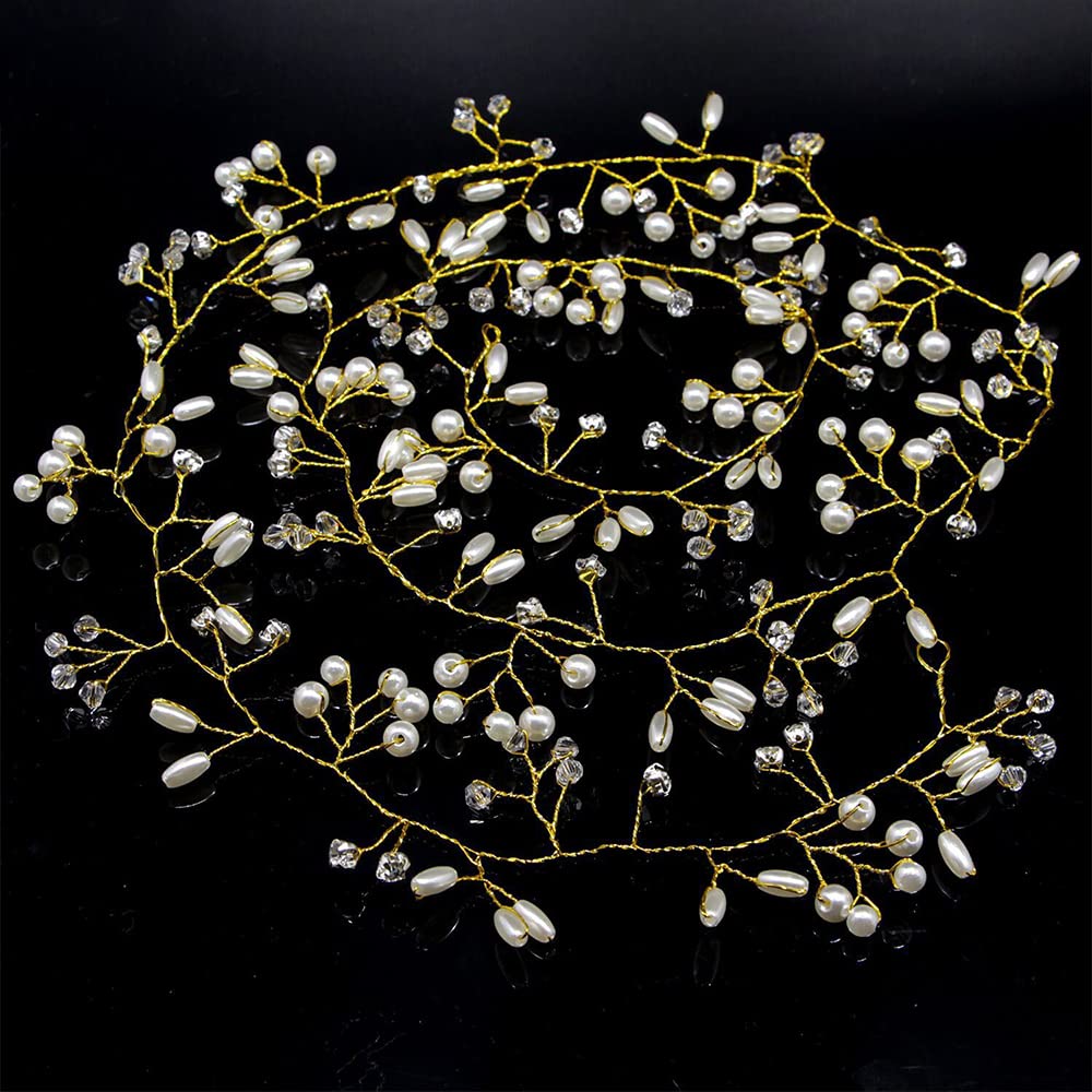 Yellow Chimes Bridal Hair Vine for Women and Girls Bridal Hair Accessories for Wedding Golden Headband Hair Accessories Wedding Jewellery for Women Pearl Bridal Wedding Head band Hair Vine for Girls