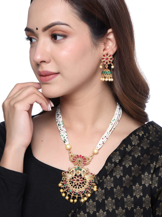 Yellow Chimes Women's Temple Traditional Gold Plated Necklace Set Studded Stone Antique Jewellery