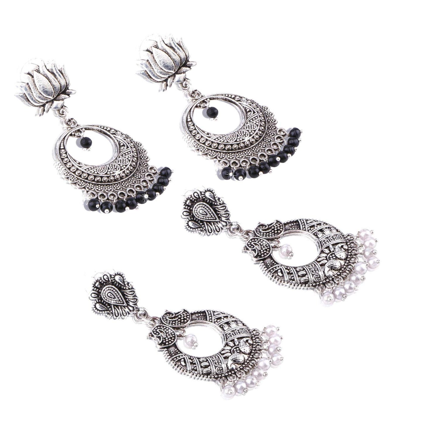 Yellow Chimes Combo Two Pairs Silver Oxidised Traditional Chand Bali Earrings for Women and Girls