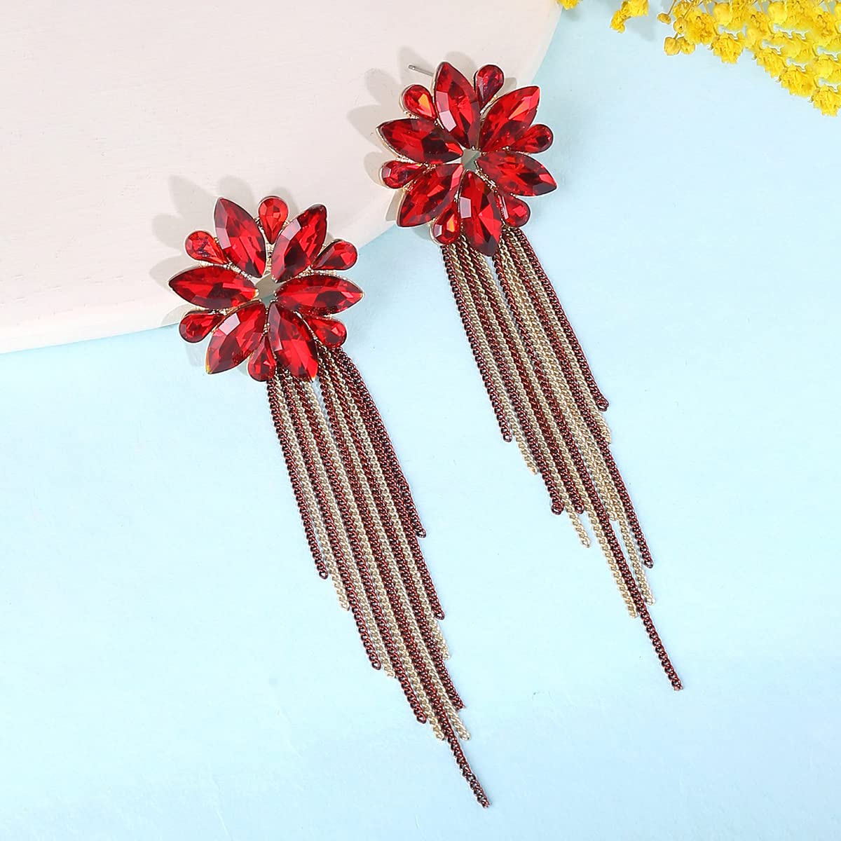 Yellow Chimes Crystal Danglers Earrings for Women Floral Shaped Crystal Red Long Chain Dangler Earrings for Women and Girls