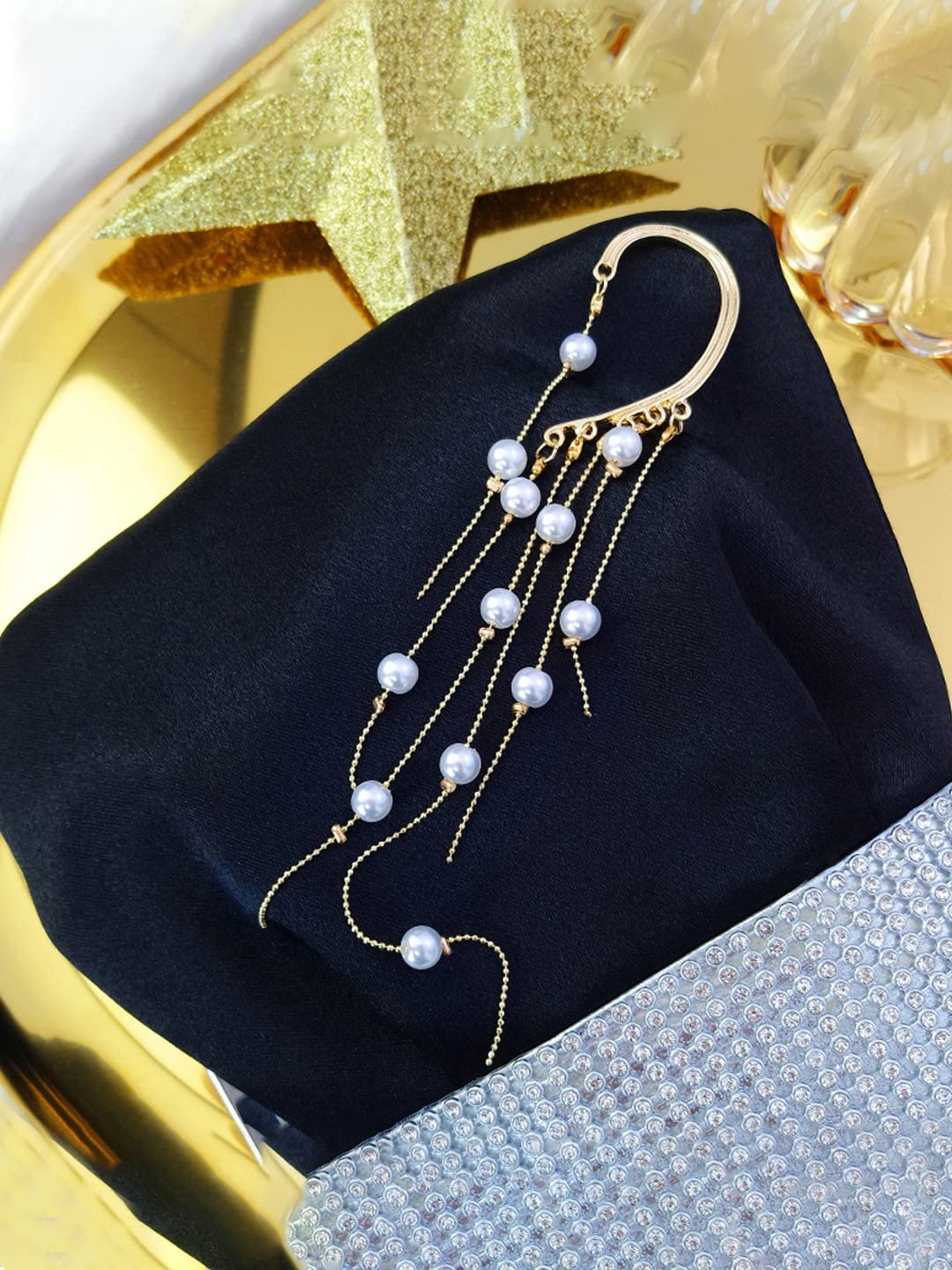 Yellow Chimes Earrings For Women Gold Tone Earcuffs With Linear Pearl Studded Tassel Chain Earrings For Women and Girls