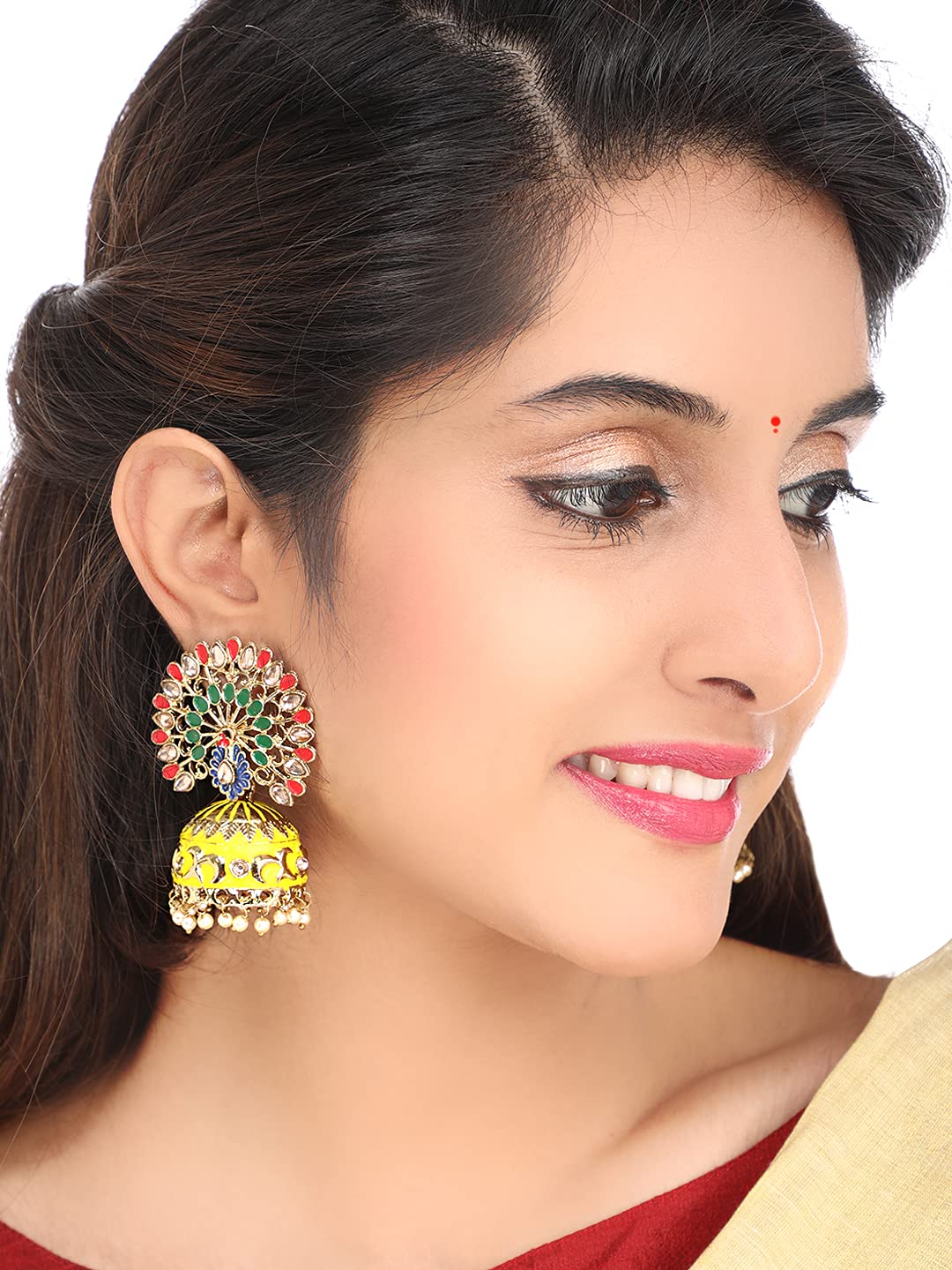 Yellow Chimes Jhumka Earrings for Women Ethnic Gold Plated Traditional Multicolour Meenakari Peacock Design Jhumka Earrings for Women and Girls