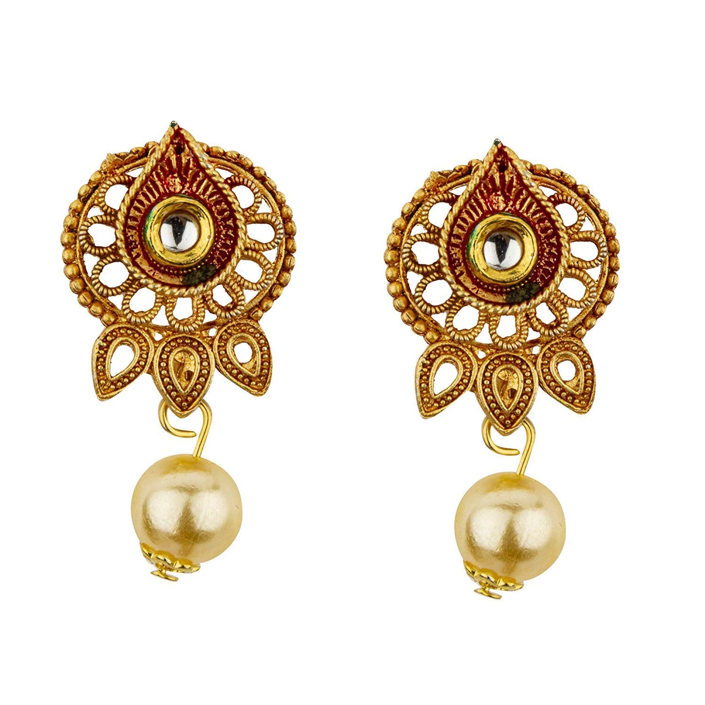 Yellow Chimes Exclusive Traditional Pearl Kundan Floral Dfesign Necklace With Drop Earrings For Women