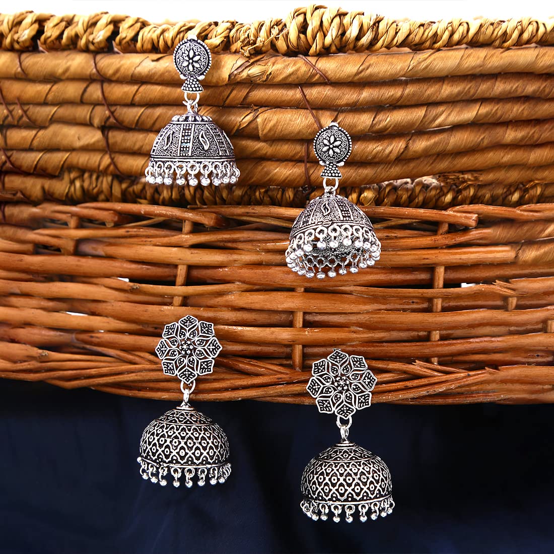 Yellow Chimes Earrings for Women and Girls | Traditional Silver Oxidised Jhumka | German Silver Earring Set | Floral Jhumkas Combo | Accessories Jewellery for Women | Birthday Gift For Girls and Women Anniversary Gift for Wife