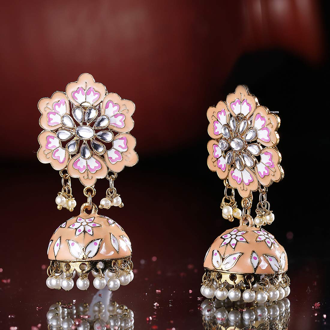 Yellow Chimes Meenakari Jhumka Earrings Handcrafted Stylish Gold toned Traditional Flower Jhumka/Jhumki Earrings for Women & Girls (Peach)