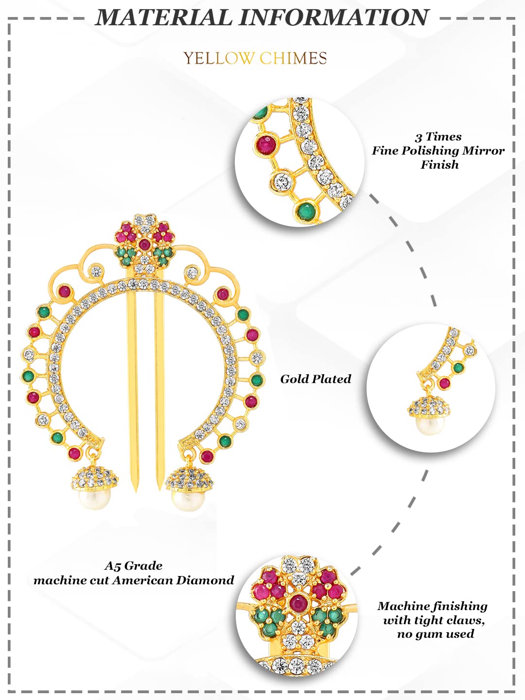 Yellow Chimes Juda Pin for Women AD/American Diamond Juda Pin Floral Design Hair Accessories Gold Plated Bridal Ambada Juda Pin for Women and Girls.