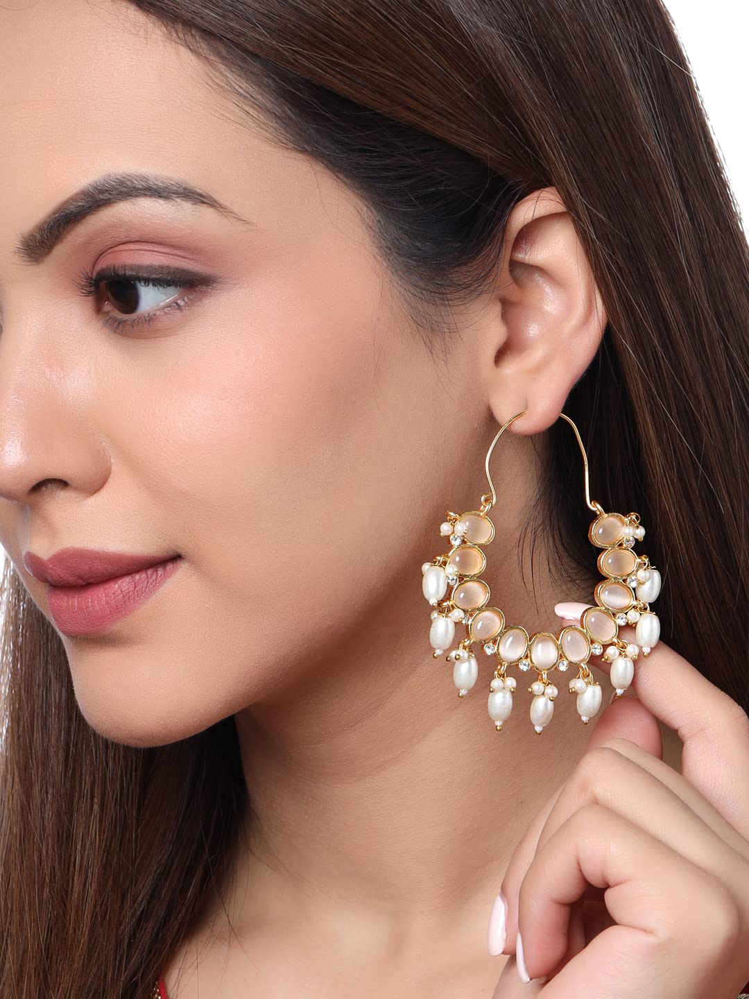 Yellow Chimes Earrings For Women Gold Toned Peach Stone Studded Graceful Hoop Earrings For Women and Girls