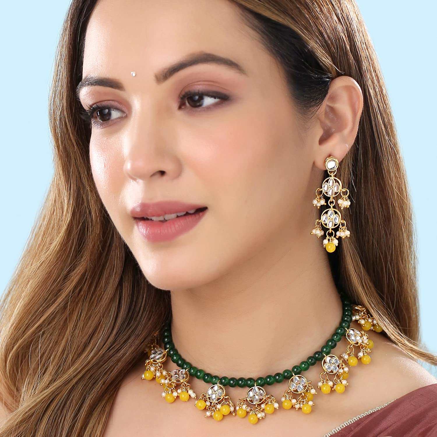 Yellow Chimes Jewellery Set for Women and Girls Kundan Necklace Set | Gold Plated White Beads Drop Kundan Choker Necklace Set | Birthday Gift for girls and women Anniversary Gift for Wife