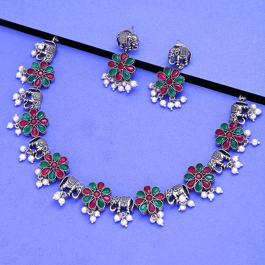 Yellow Chimes Ethnic German Silver Oxidised Multicolour studded Stones Elephant and Flower Design Choker Necklace Set Traditional Jewellery Set for Women and Girls, Medium (YCTJNS-58ELEFLW-MC)