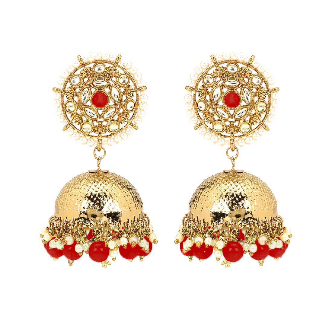 Yellow Chimes Ethnic Gold Plated Traditional Dome shaped Jhumki Red Beads Earrings for Women and Girls, gold, red, medium (YCTJER-KUNDJHUMK-RD)