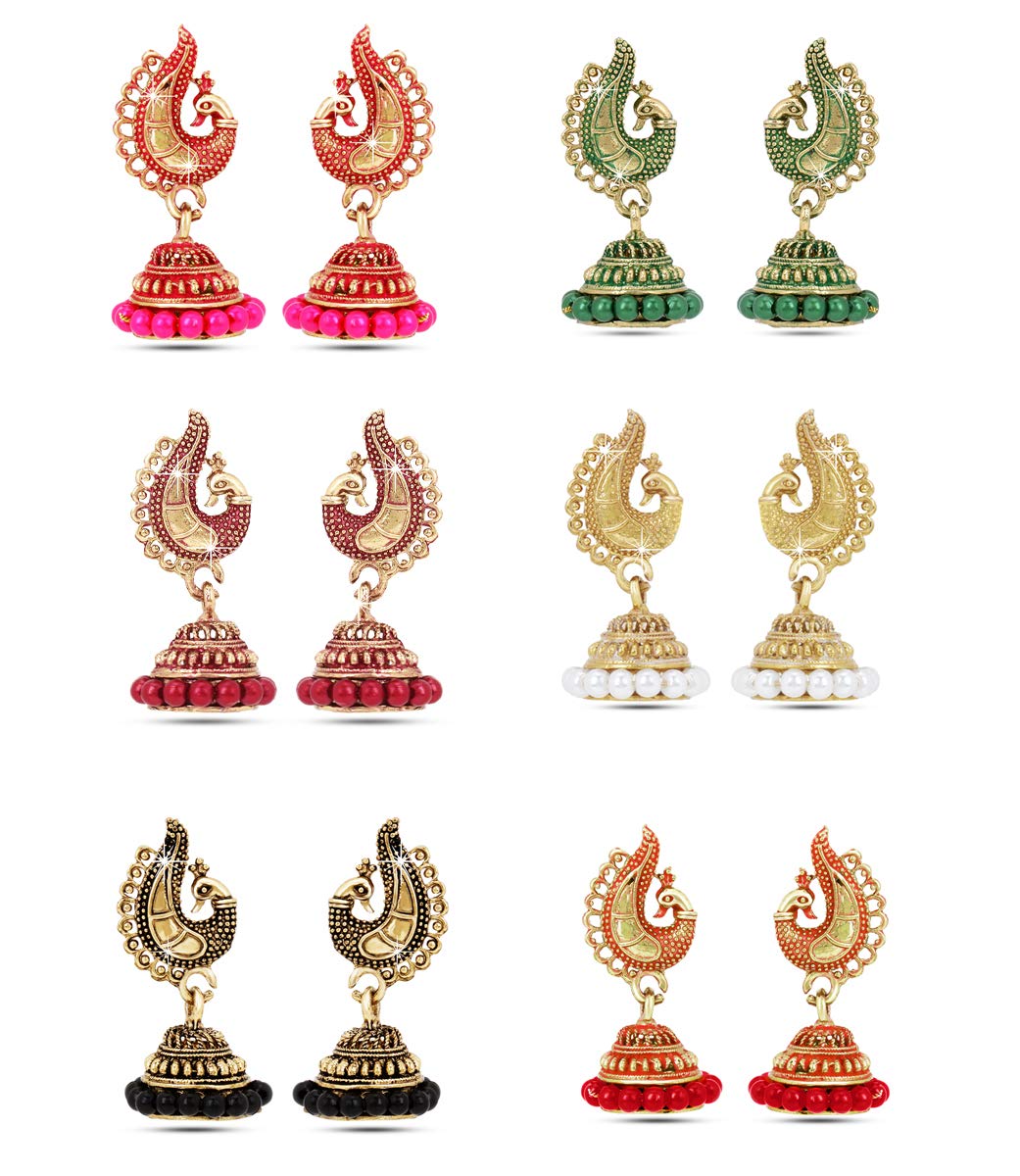 Yellow Chimes Combo of 6 Pair's Gold Toned Multicolor Traditional Peacock Jhumki/Jhumka Earring Sets For Women and Girls