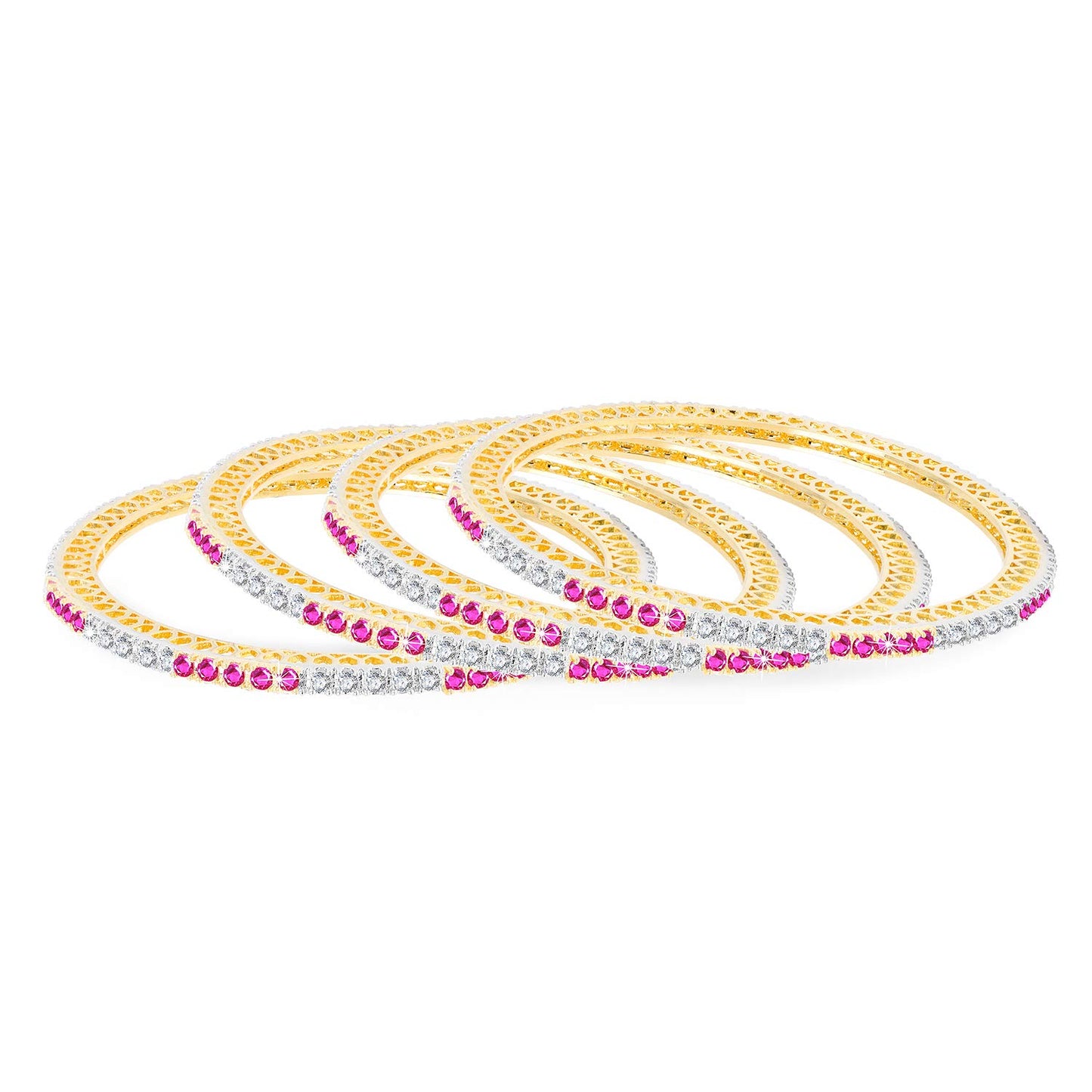 Yellow Chimes Elegant Pink AD/American Diamond Studded 18k Gold Plated Classic 4 PCs Handcrafted Bangles Set for Women & Girls (2.6)