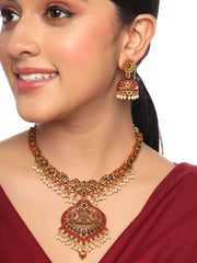 Yellow Chimes Necklace Set For Women And Girls Traditional Jewellery set for women Gold-Plated Temple Necklace Set Stone-Studded Necklace Set For Women & Girls
