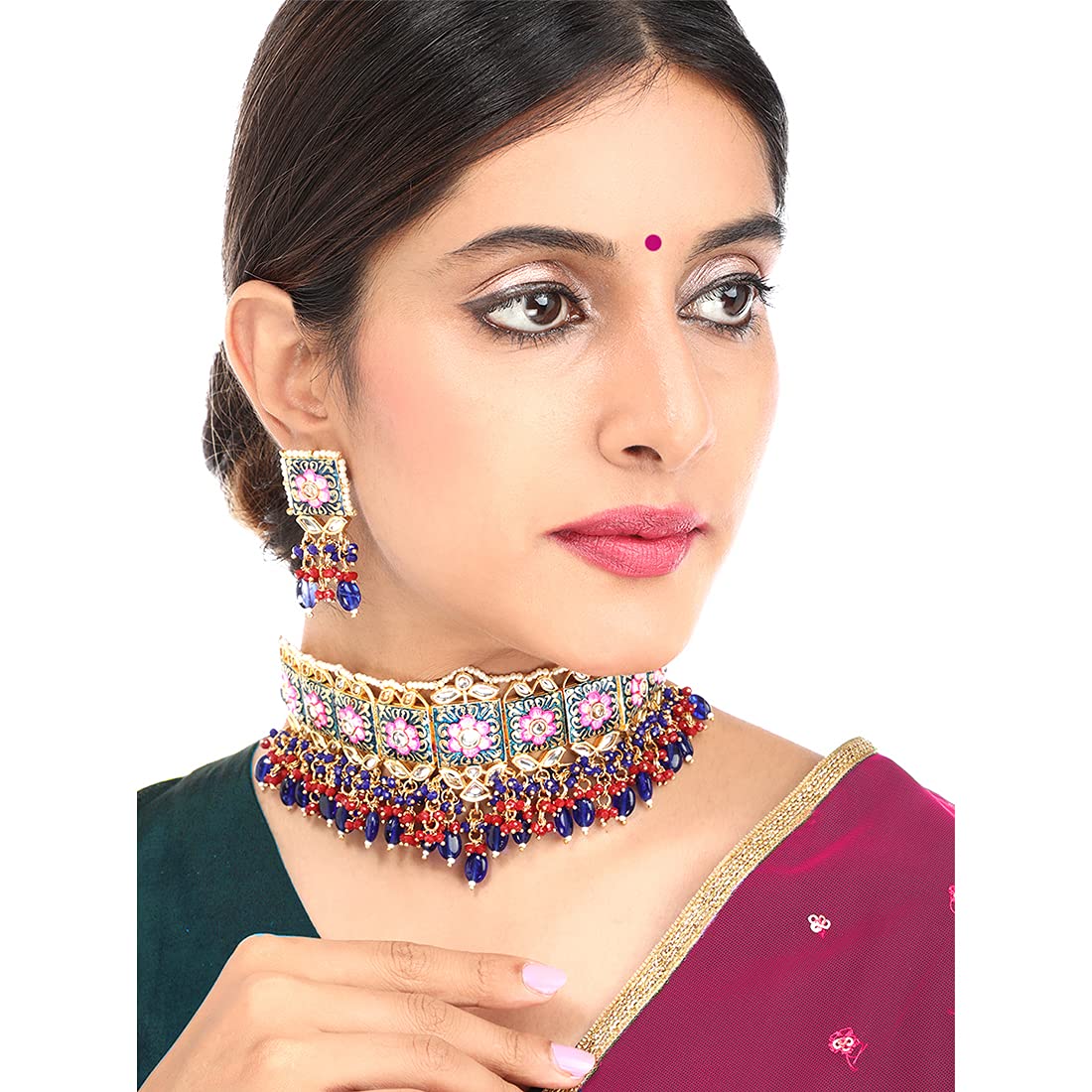 Yellow Chimes Ethnic Gold Plated Kundan Beads Flower Design Jewellery Set Pink Blue Meenakari Choker Necklace Set for Women and Girls, Multicolour, Medium (YCTJNS-22SQRFLW-MC)