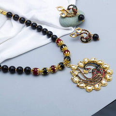 Yellow Chimes Exquisite Gold Plated Pearl Beads Kundan Studded Peacock Design Traditional Pendant Necklace Set with Earrings Jewellery Set for Women