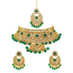 Yellow Chimes Gold Plated Traditional Kundan Studded Pearl Choker Necklace Set with Chandbali Earrings with maang Tikka Bridal Jewellery Set
