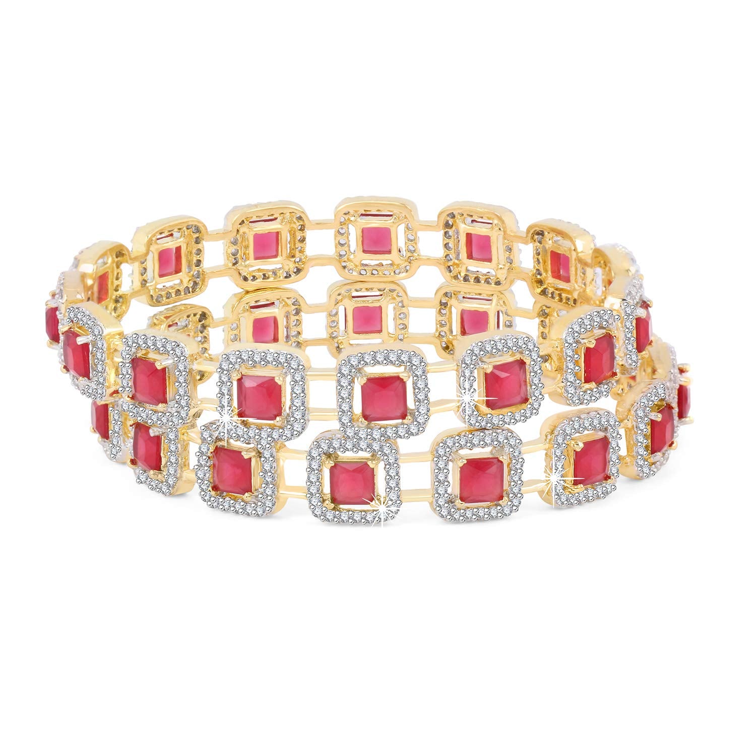 Yellow Chimes Elegant Set of 2 Pcs Pink AD/American Diamond Studded 18k Gold Plated Handcrafted Ruby Bangles for Women & Girls (2.8)