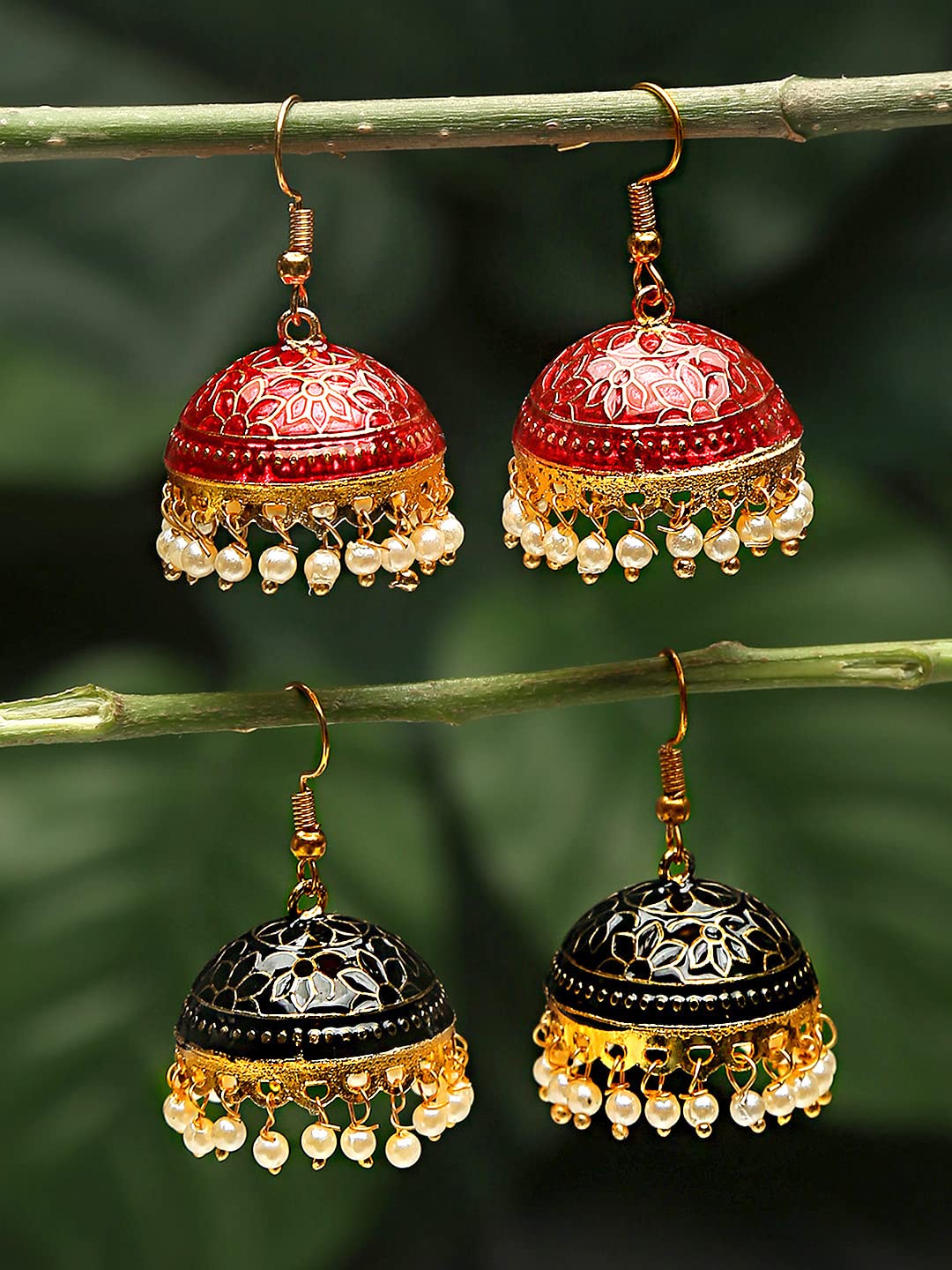 Yellow Chimes Meenakari Jumka Earrings with Ethnic Design Gold Plated Traditional Beads Combo of 2 pair for Women and Girls