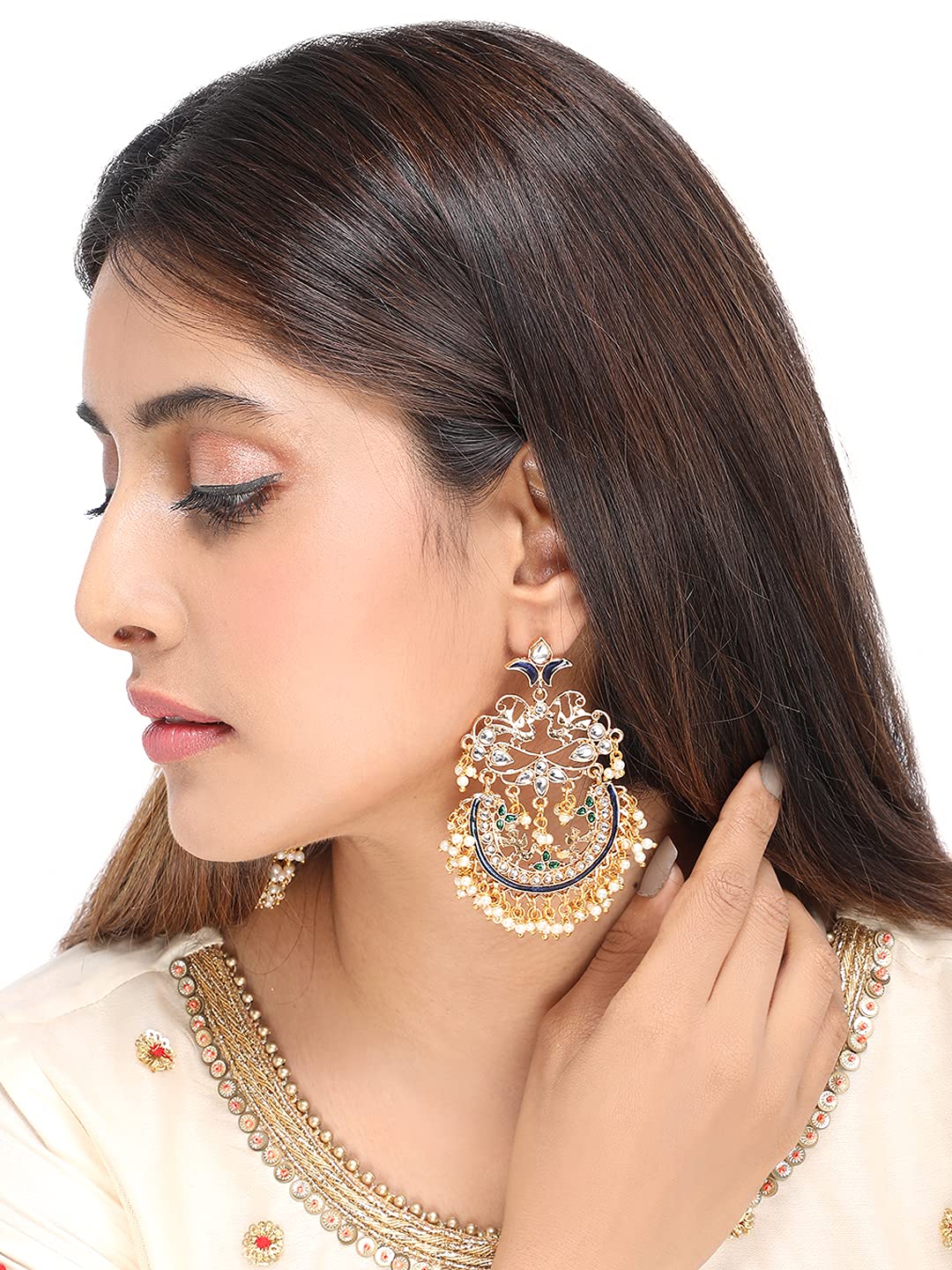 Yellow Chimes Chandbali Earrings for Women Ethnic Gold Plated Kundan Studded Peacock Design Pearl Moti Chand bali Earrings for Women and Girls