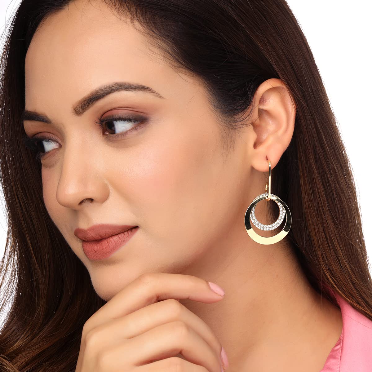 Yellow Chimes Earrings For Women Gold Plated Crystal Studded Double Open Circle Hanging Drop Earrings For Women and Girls