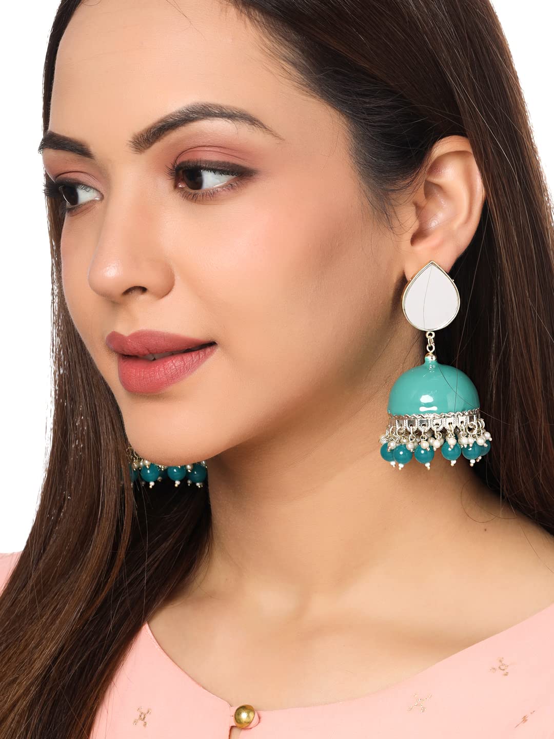 Yellow Chimes Earrings for Women Gold Toned Pearl Drop Mirror Finished Green Meenakari Jhumka Earrings for Women and Girls