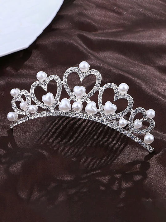 Melbees by Yellow Chimes Head Band For Women Silver Non Precious Metal Pearls in a Heart Princess Tiara Hair Comb for Women and Girls