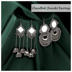 Yellow Chimes Earrings for Women and Girls | Traditional Silver Oxidised Chandbali Jhumkas Set | German Silver Jhumka Combo | Chand Baliyan and Jhumka Earrings | Accessories Jewellery for Women | Birthday Gift for Girls and Women Anniversary Gift for Wife