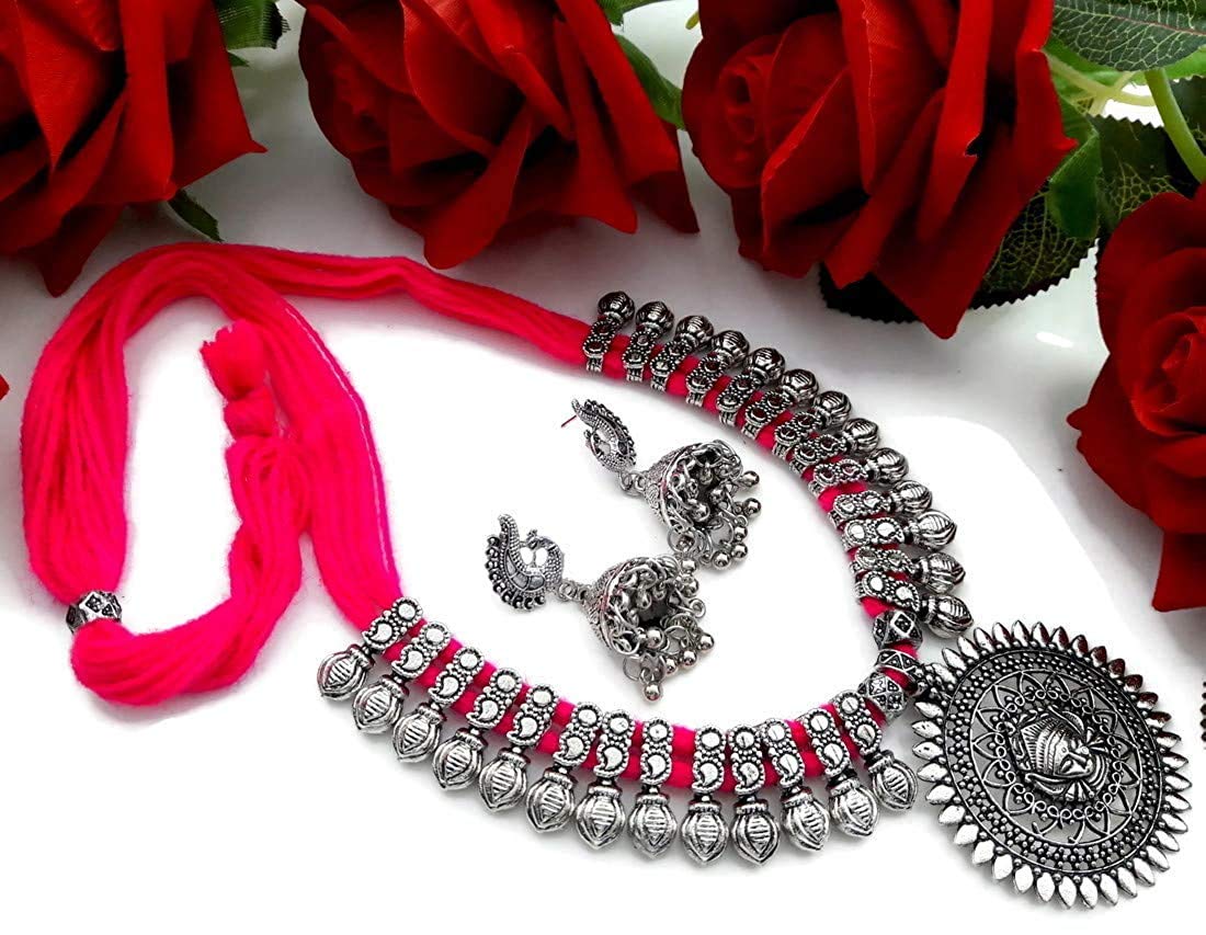 Yellow Chimes Jewellery Set for Women and Girls Traditional Silver Oxidised Jewellery Set Red Necklace Set for Women Durga Oxidized Necklace Set | Birthday Gift For Girls and Women