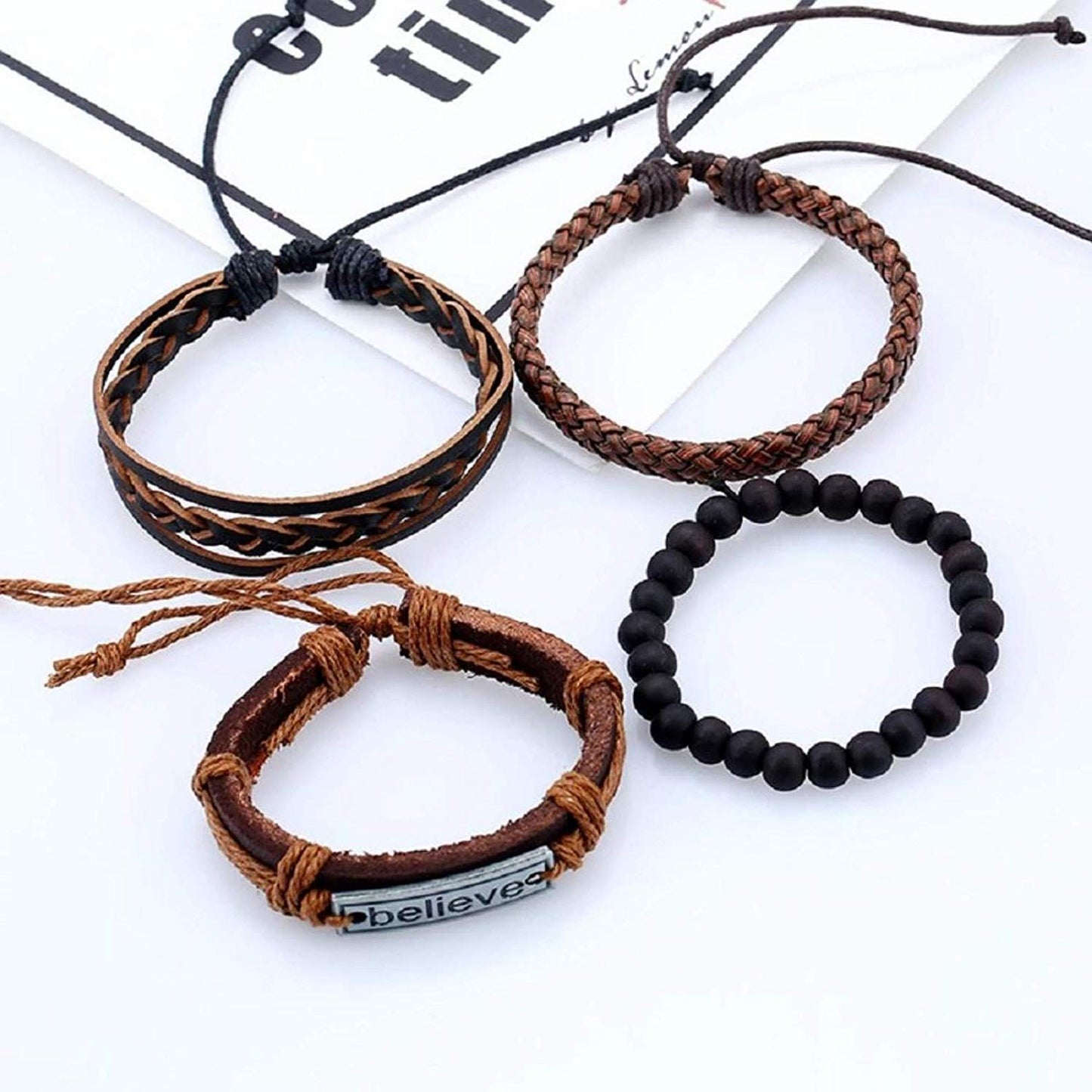 Yellow Chimes 4pcs Inspirational Message 'Believe' Unisex Multi Strand Bracelet for Men (Brown, Black) (YCFJBR-106BELIV-BR)