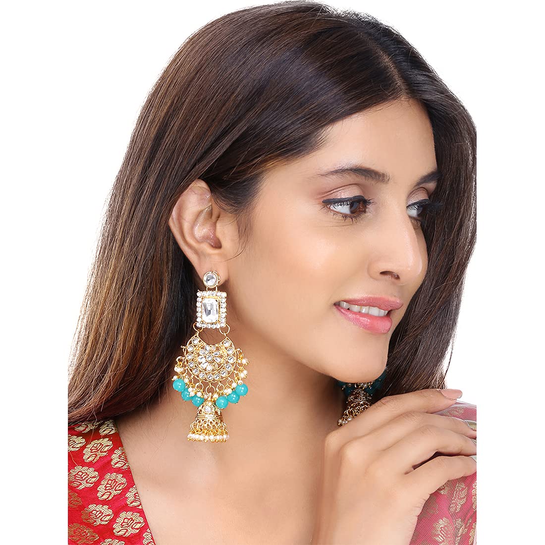 Yellow Chimes Ethnic Gold Plated Kundan Studded Meenakari Pearl Beads Chandbali Jhumka Earrings for Women and Girls