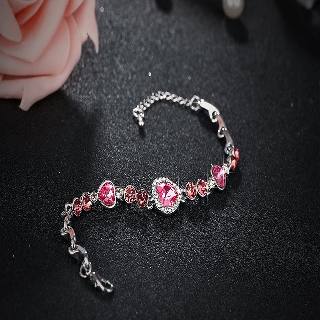 Yellow Chimes Valentine Gift for Girls Bracelet for Women and Girls | Pink Crystal Stone Bracelets for Women and Girls | Heart Shaped Silver Tone Crystal Bracelet | Accessories Jewellery for Women | Birthday Gift for Girls and Women Anniversary Gift for