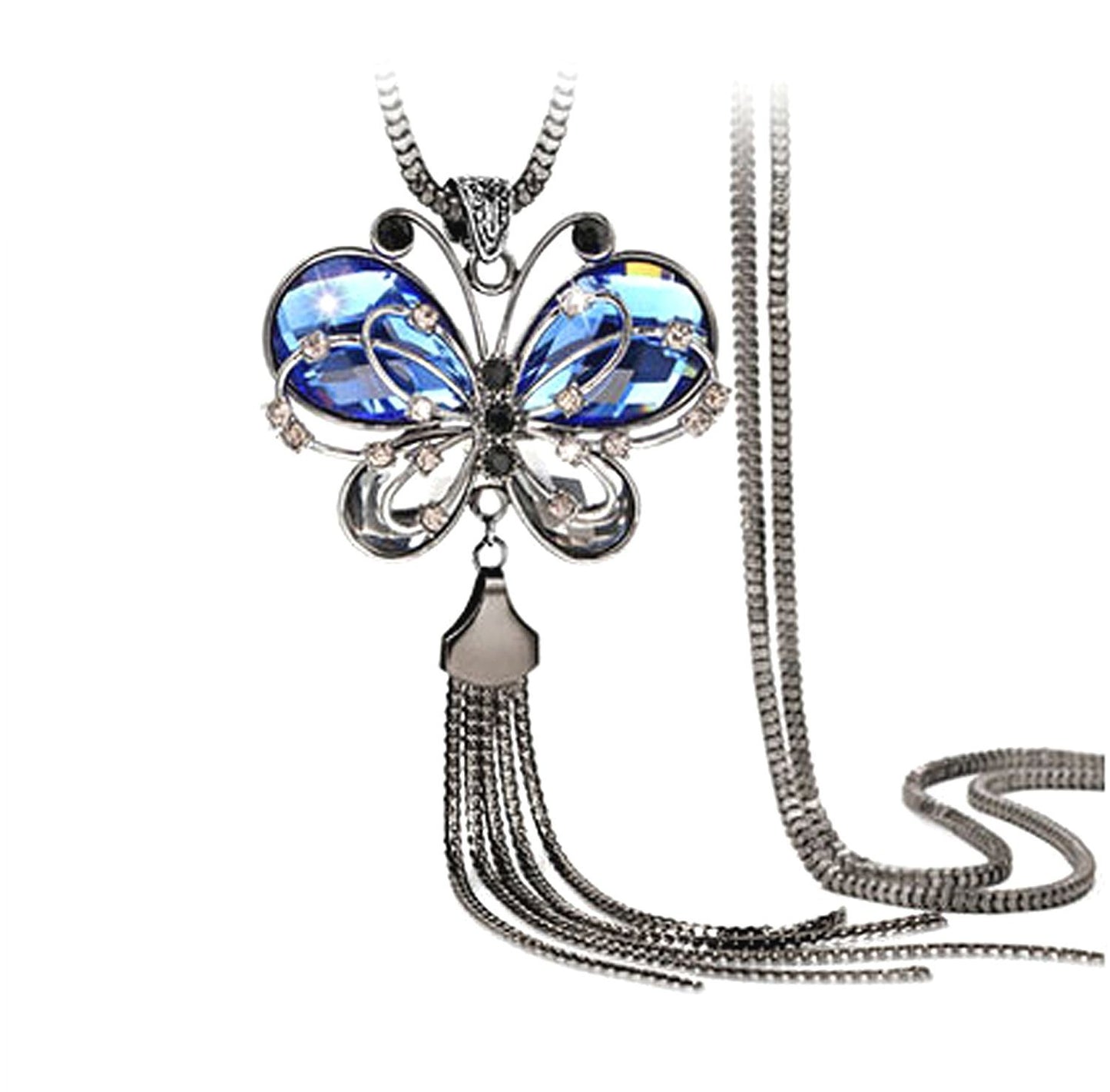 Yellow Chimes Long Chain Necklace for Women Butterfly Pendant Adorable Blue Crystal Chain Pendant Necklace for Women and Girls