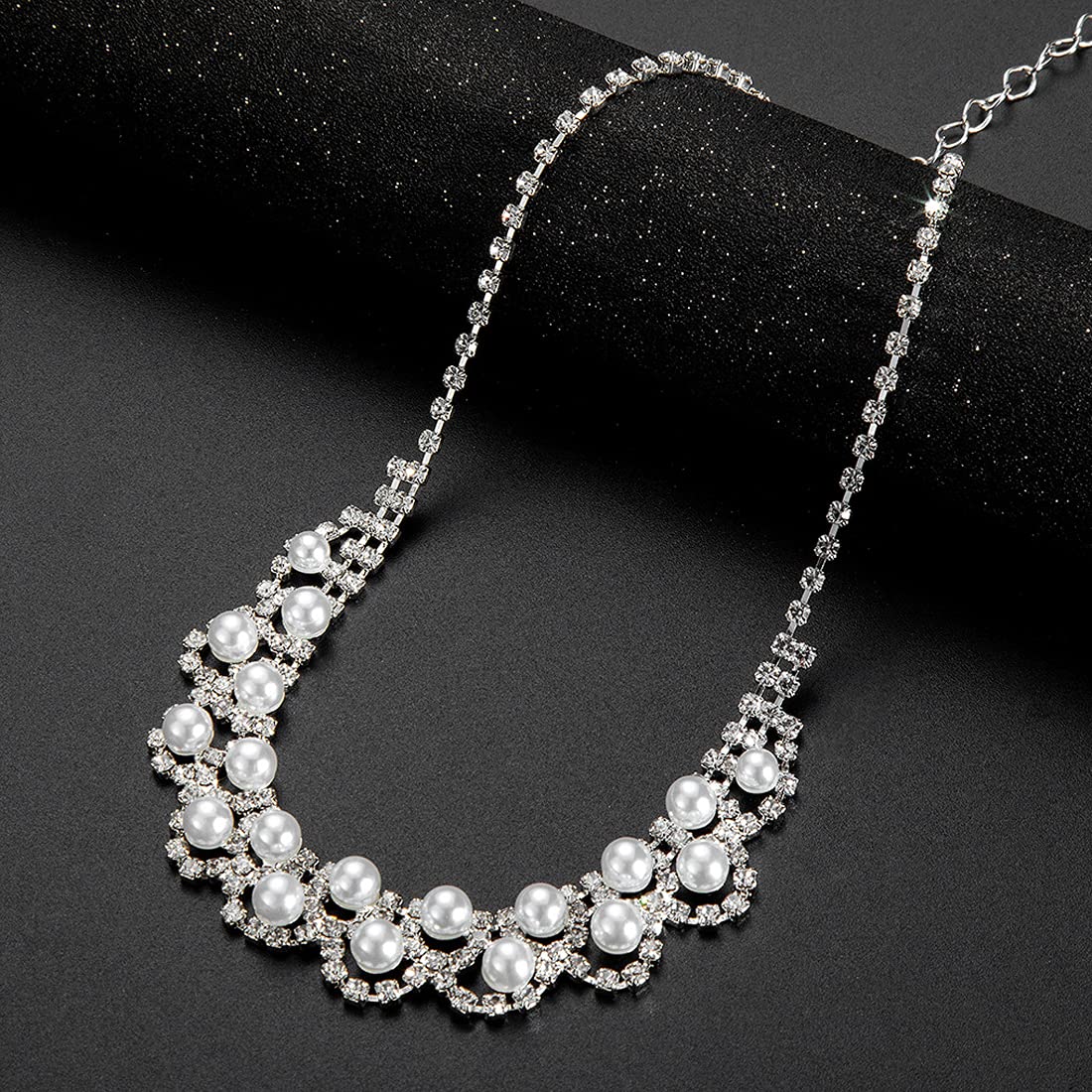 Yellow Chimes Elegant Latest Fashion A5 Grade Zircon Crystal Pearl Silver Choker Necklace Set for Women and Girls, White, Medium (Model: YCFJNS-361PRLCL-SL)