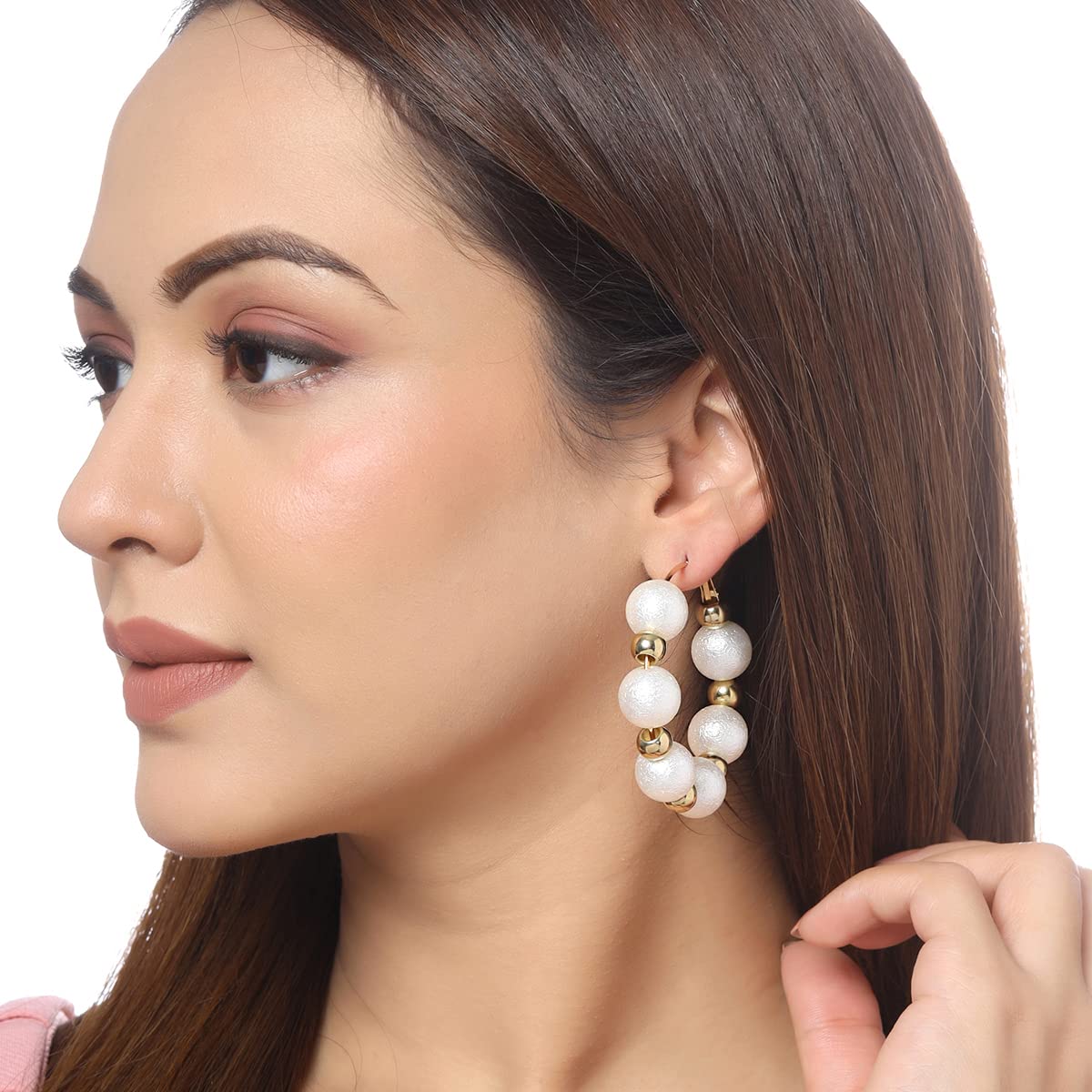 Yellow Chimes Earrings For Women Gold Tone Big Pearl Small Golden Bead Studded Hoop For Women and Girls