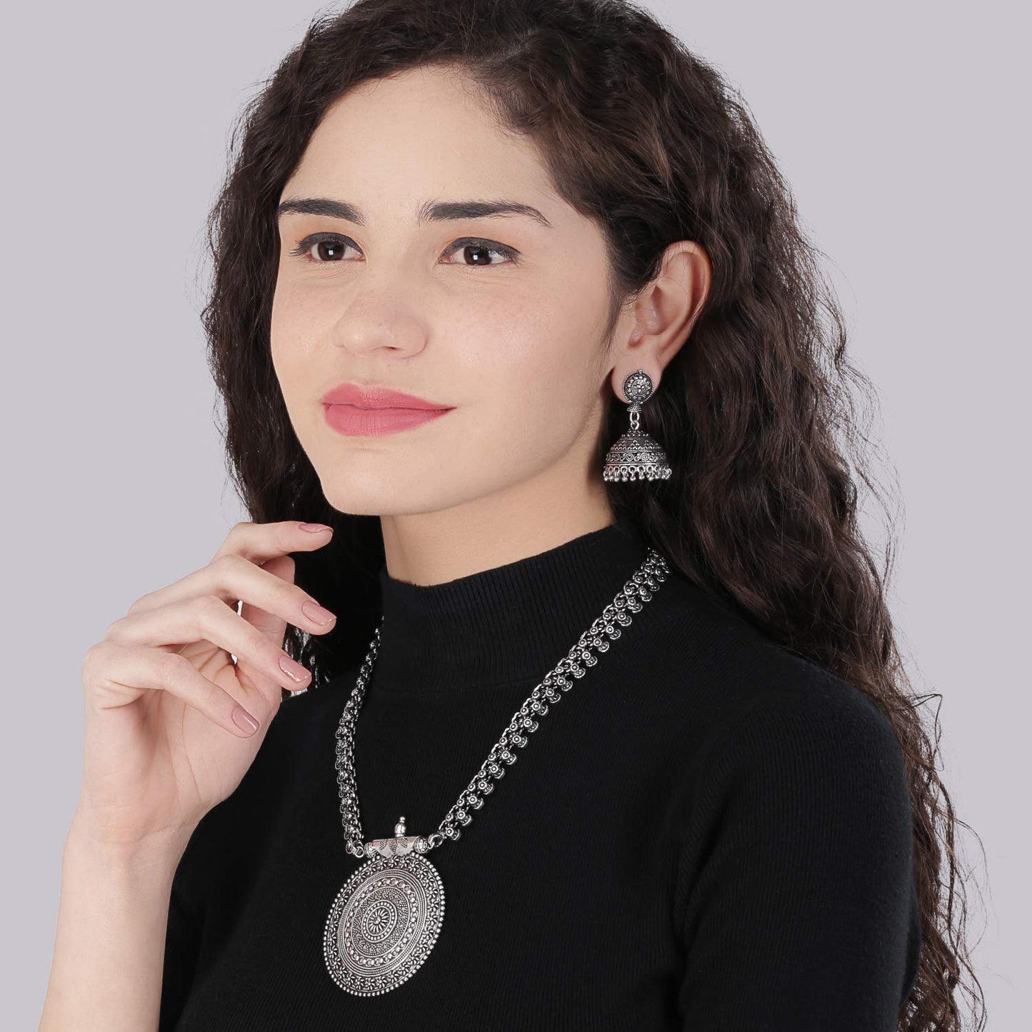 Yellow Chimes Oxidized Silver Brass and Pendant Necklace Set for Women & Girls (Oxidised Silver)